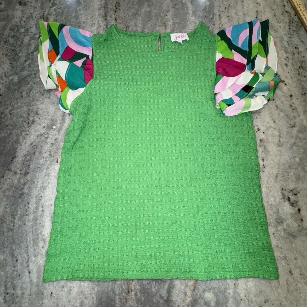 Jess Lea Top Green Ruffle Sleeve Career Office Preppy Size Large Colorful